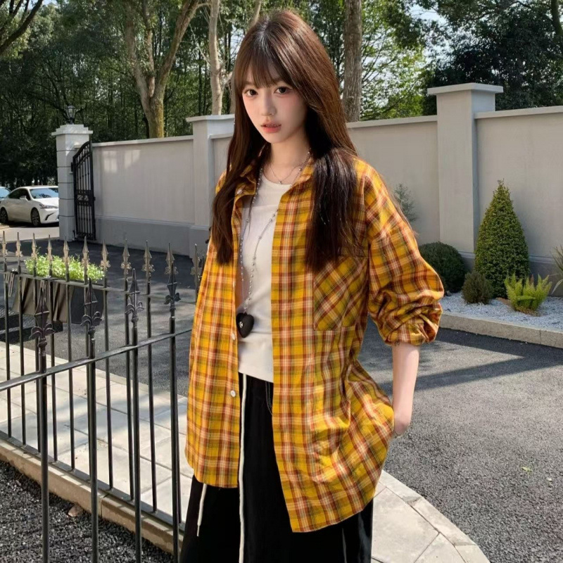 港味复古chic黄色格子衬衫女内搭叠穿宽松休闲百搭衬衣外穿