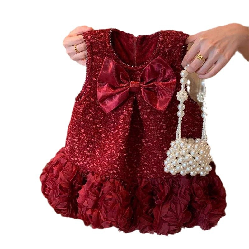Vestido de princesa rosa tridimensional para niñas 2025 otoño e invierno nuevo estilo para niños Navidad y año nuevo vestido de chaleco con lazo rojo