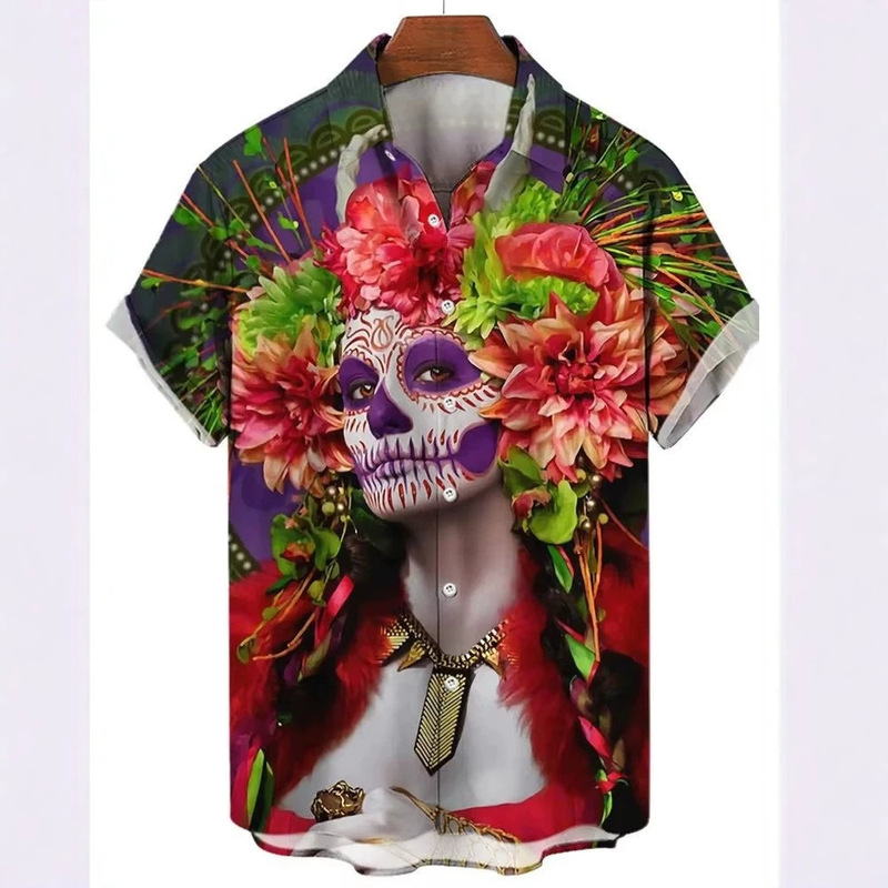 Cross-border independent website: Mexican skull woman oil painting print Cuban collar short-sleeve shirt factory wholesale Cross-border independent website: Mexican skull woman oil painting print Cuban collar short-sleeve shirt factory wholesale