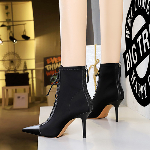 1838-1 Korean Version Fashion Sexy Slimming Women's Boots with Fine Heel, High Heel, Open Toe, Pointed Toe, Lace-up, Cross Strap, Short Boots