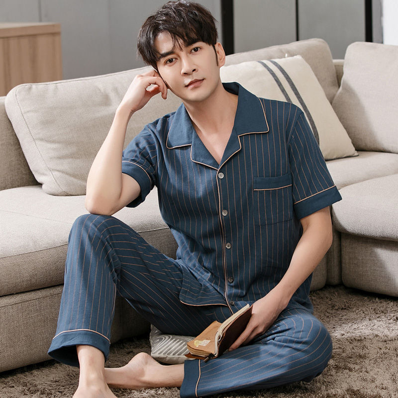 Pijamas de los hombres de verano 100% algodón pantalones de manga corta de media manga de primavera y otoño delgada cardigan ropa para el hogar más tamaño