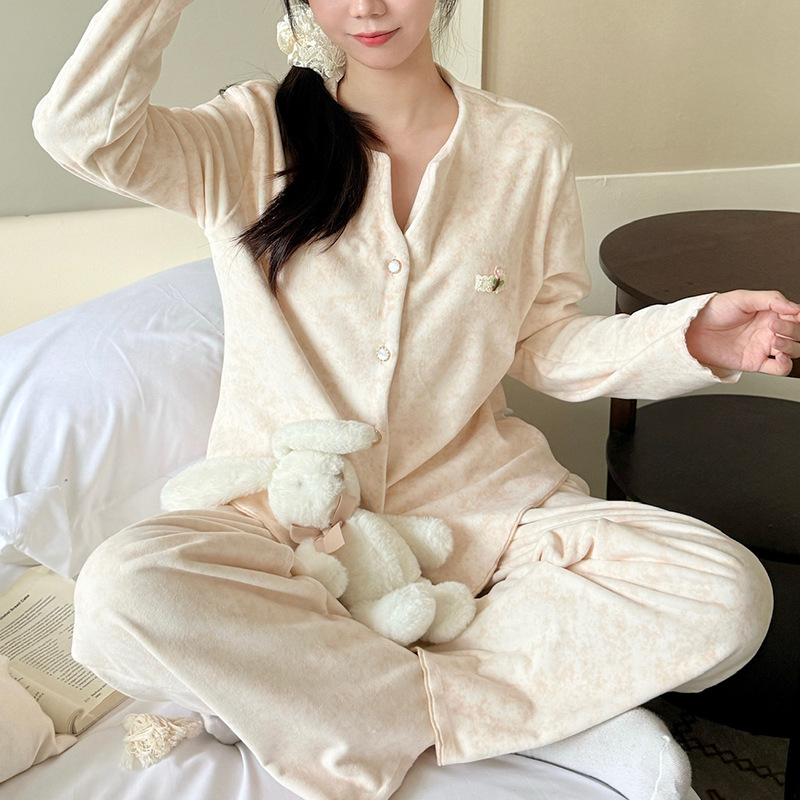 海岛绒睡衣女水墨画秋冬季简约韩系高级感保暖长袖开衫家居服套装