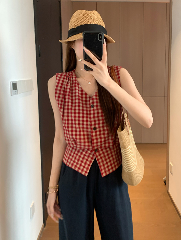 レトロ香港風綿100% カラーブロックチェック柄Vネックウエストシングルブレストノースリーブベストシャツ G061212|undefined