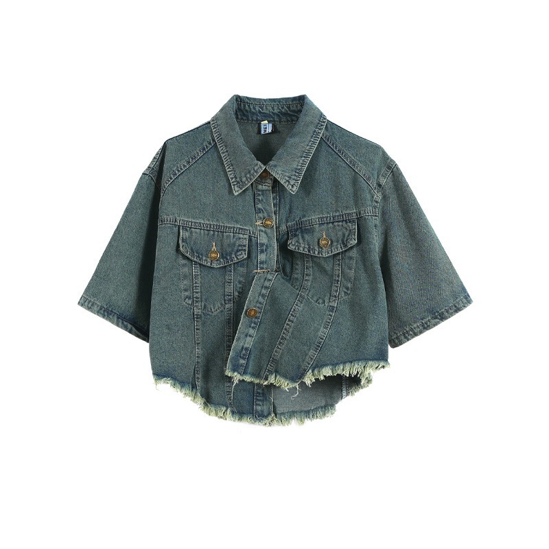 Plus Size Fat mm American Tassel Denim Jacket Short-Sleeved Outwear Dress Women's Spring and Summer Lapel Denim Shirt Top