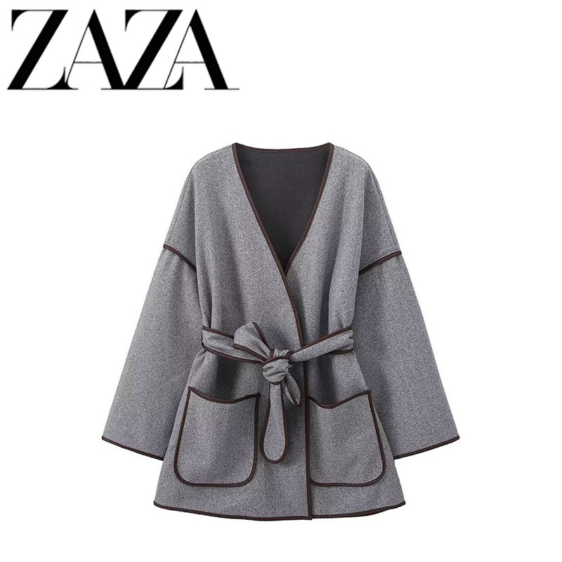 Zaza Self-Made European and American Style Wholesale Women's Fashion Versatile Elegant Casual Belt Color-Blocking Woolen Coat Zaza Self-Made European and American Style Wholesale Women's Fashion Versatile Elegant Casual Belt Color-Blocking Woolen Coat