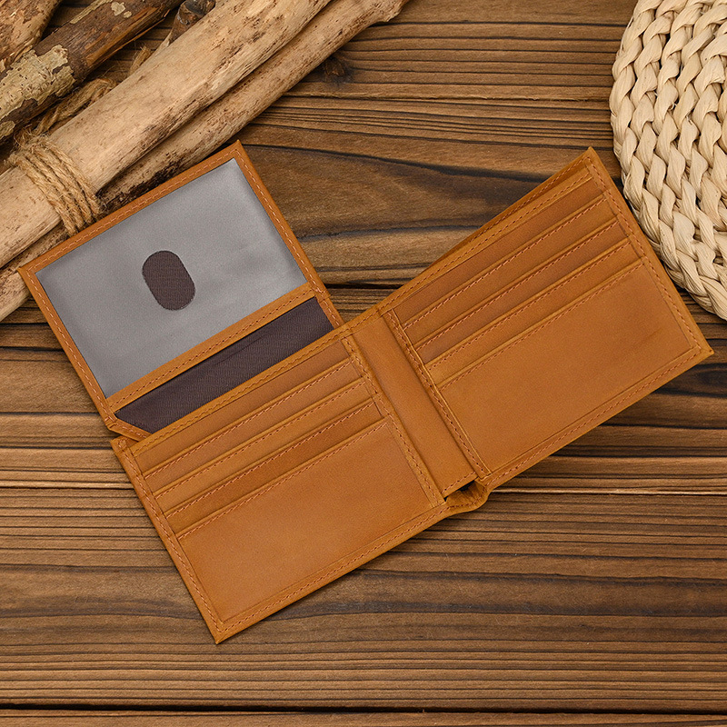Cross-border men's crazy horse leather 80% off short wallet vintage cowhide with photo slot and card holder multifunctional wallet Amazon