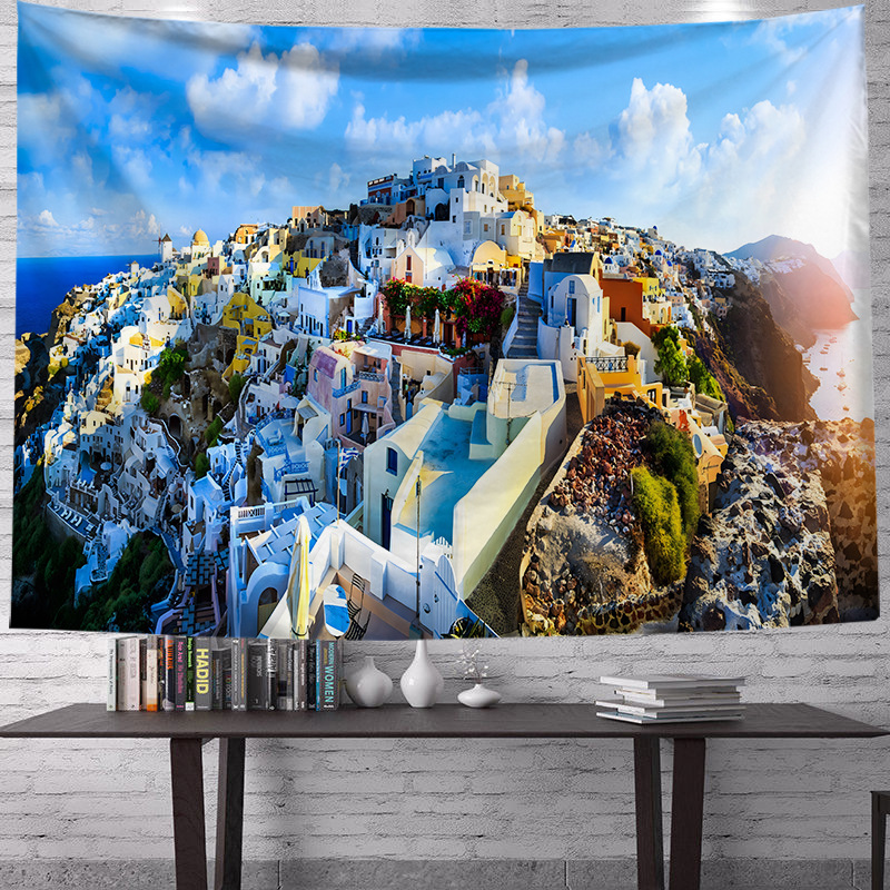 Transfronterizo griego fresco paisaje impresión decorativa de tela de renovación de la sala de tela de fondo vivo fábrica de tela al por mayor