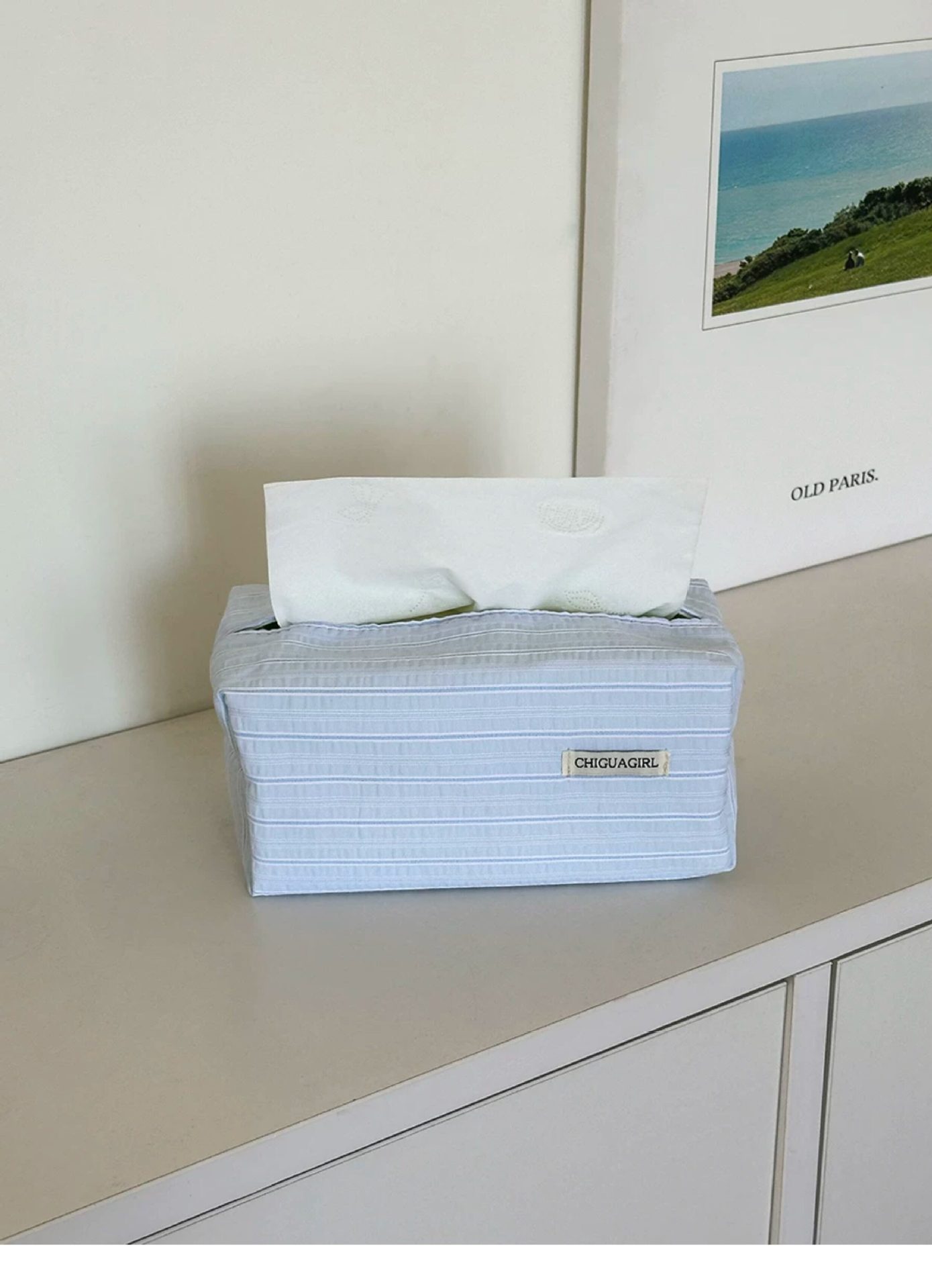 Korean-Style Blue Striped Tissue Box Fabric Tissue Cover with Simple Embroidery, High-End Feel, Desktop Decoration Ornament