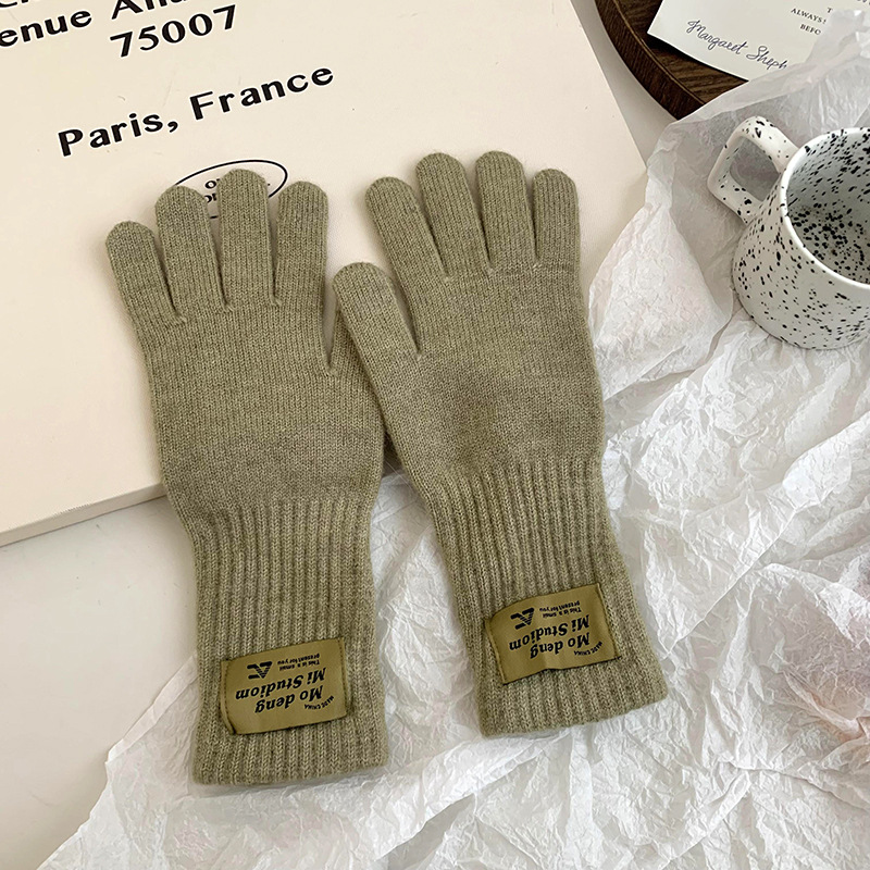 Guantes de ciclismo de invierno nuevo caliente polvo de frambuesa coreano color sólido alargado y grueso guantes de lana de punto de cinco dedos