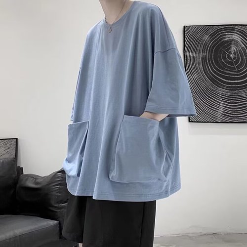 Japanese loose large pocket summer men's round neck short sleeve T-shirt Korean style student fashion versatile five-and-a-half sleeve