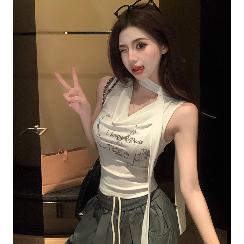 レトロプリントグレーTシャツ、スリムショートノースリーブベストトップ、ホットガールデザインオフショルダーボトムシャツ|undefined