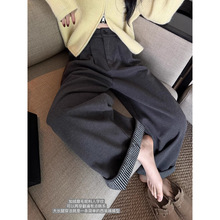 欧尼人字纹显瘦翻边两穿随意调调加厚毛呢阔腿裤子女2025秋冬新款
