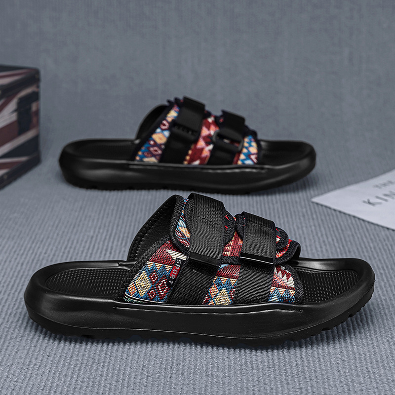Pantuflas de velcro de tela verano nueva tendencia transpirable playa al aire libre ocio fondo plano pisando la mierda sandalias para hombres