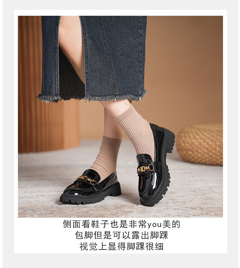 Giày lười nữ đế dày gót vuông 3–5 cm, mũi tròn, da bóng, size lớn — Màu Đen (Da sáng chế) chi tiết 17