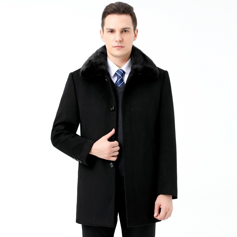 2024 cashmere coat mink fur collar winter New Rex rabbit fur liner coat middle-aged and elderly men's mink fur collar