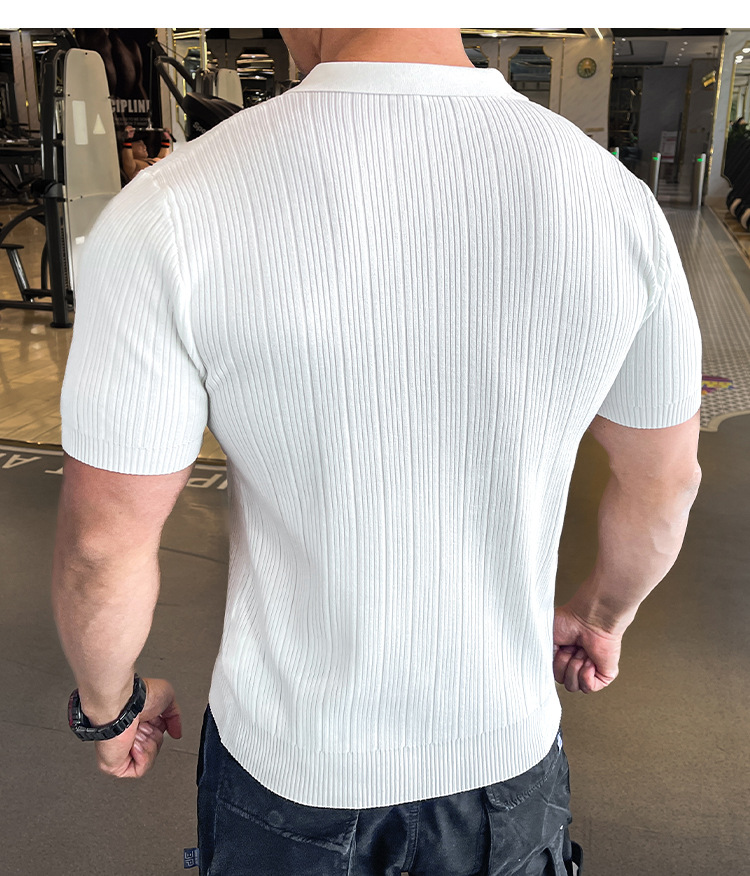Polo in maglia da uomo scollo a v a righe verticali casual_voghion.com