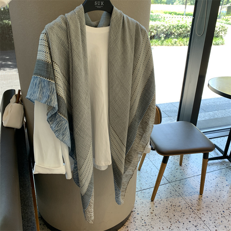 千鸟格亚麻围巾女夏季新款防晒大方巾薄款丝巾空调房外搭披肩|undefined