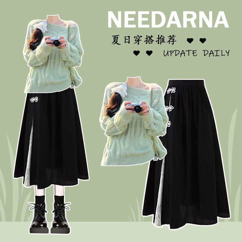 Fashionable Outfit # Mint Green Hollow-Out Knit Top Paired with a Retro Buttoned New Chinese-Style A-Line Skirt.