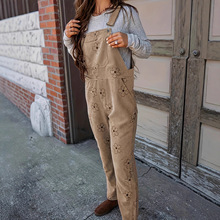 女士休闲日常印花背带连体裤，欧美时尚灯芯绒直筒连身裤