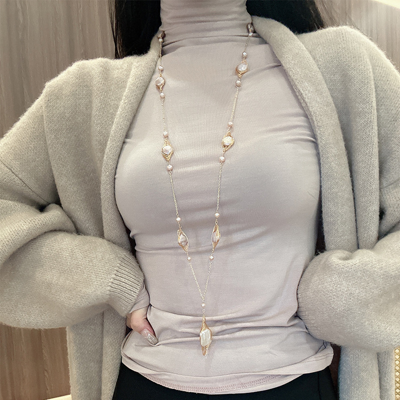 ¡Alta calidad! Cadena de suéter de perlas naturales de alto grado collar de cuello largo elegante de todas las mujeres 18K galvanoplastia de oro real