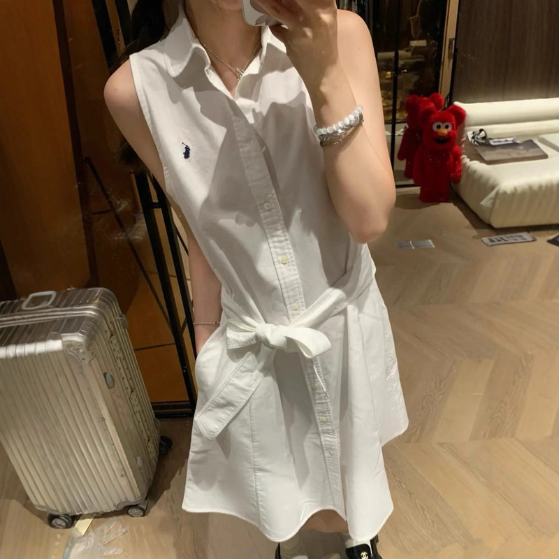In-Stock Rl Ralph Lauren Polo Oxford Shirt Dress A-Line Skirt Embroidered Sleeveless High Fashion Women's