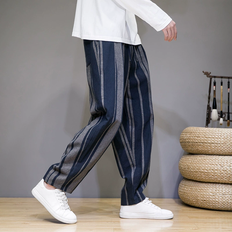 Укороченные брюки из хлопка и льна в китайском стиле для мужчин, летние свободные прямые льняные повседневные брюки в тонкую полоску в стиле ретро, ​​мужская одежда