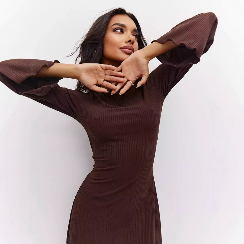 European and American Cross-border Women's Trumpet Sleeve Crewneck Back Strap Dress Slim-fit Casual Club Women's Knitted Dress