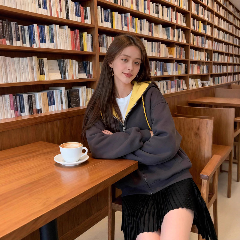美式复古撞色连帽拉链卫衣外套女秋季休闲宽松开衫慵懒风灰色上衣|undefined
