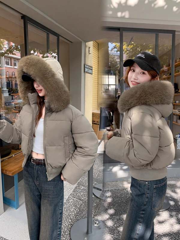 2025冬季新款宽松显瘦毛领连帽短款羽绒棉服女收腰加厚棉衣外套|undefined