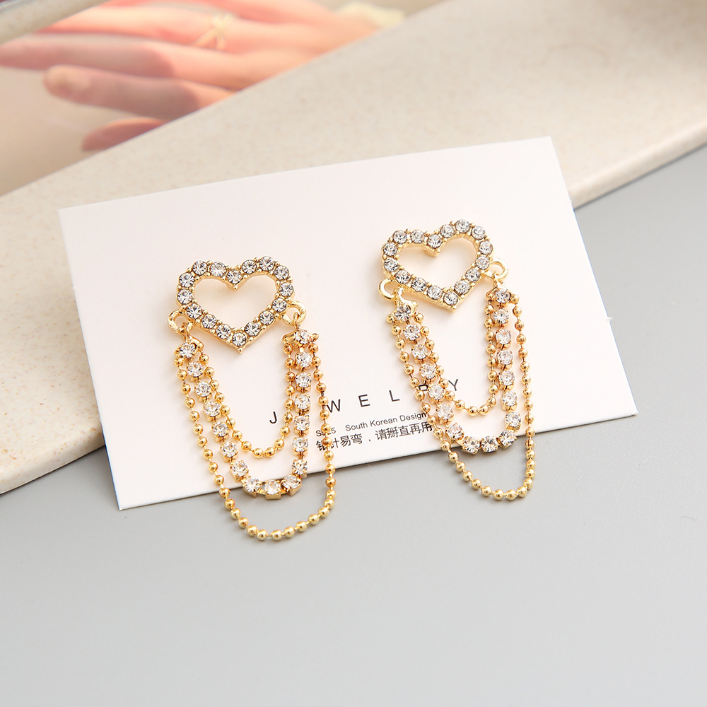 Shiny Heart Shape Alloy Hollow Out Rhinestones Earrings display picture 5