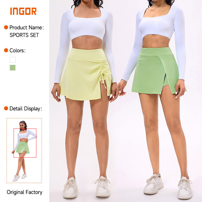 New Summer Fitness Running Sports Skirt Long Sleeve Top with Chest Pad Tennis Clothes Golf Tennis Skirt Women