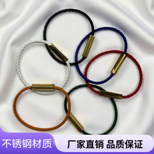 跨境现货DIY刻字不锈钢皮绳编织磁吸铁扣手链复古个性时尚手镯