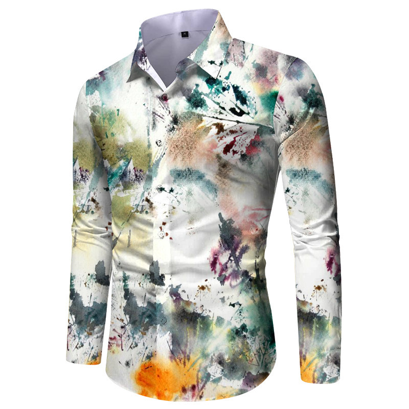 Stretch Bamboo Stretch Bamboo New European and American Spring and Autumn Men's Lapel Long-Sleeved Printed Shirt Manufacturer Supply Foreign Trade