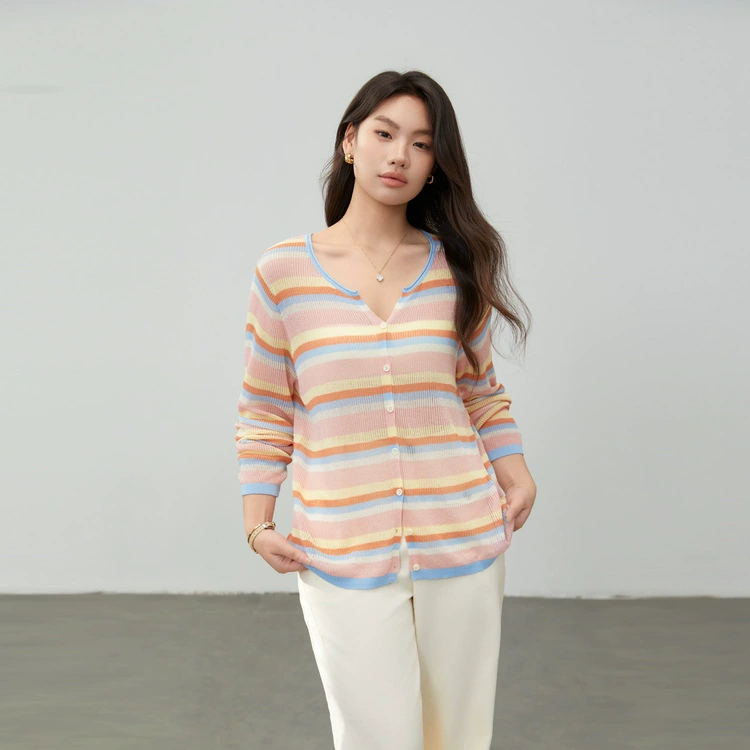 [Элегантный цветной полосатый трикотажный кардиган с V-образным вырезом Lycell] Плоская шоу большой размер толстый mm2025 летний костюм новый