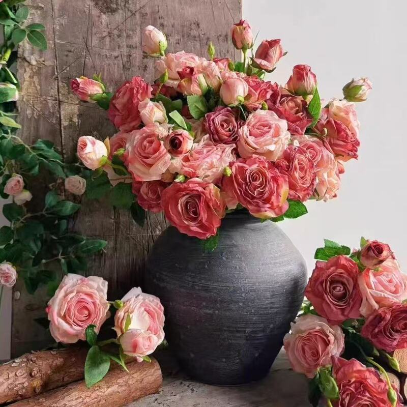 Artificial Flowers 3-Headed Burnt-Edge Rose French Single Stem Vintage Home Living Room Decorative Artificial Flower Bouquet Artificial Flowers 3-Headed Burnt-Edge Rose French Single Stem Vintage Home Living Room Decorative Artificial Flower Bouquet
