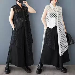 实拍春秋新款宽松大码网纱拼接休闲简约甜美无袖衬衫连衣裙