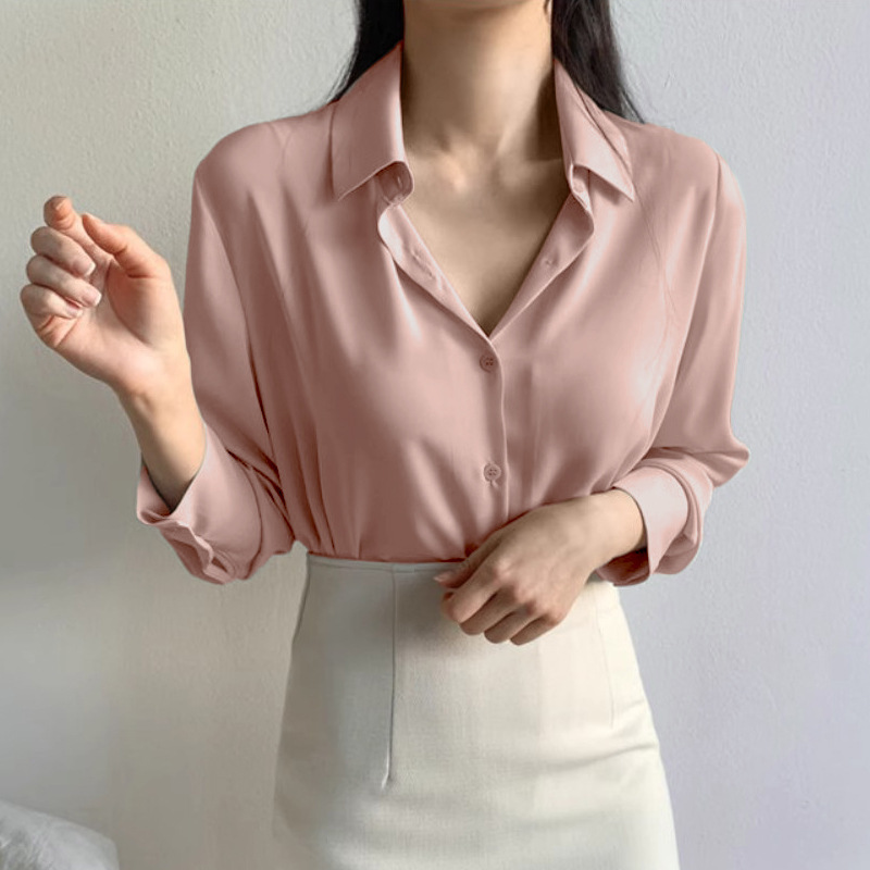 藏蓝色衬衫女春秋轻奢高级感韩系chic宽松慵懒风长袖雪纺衬衣上衣|undefined