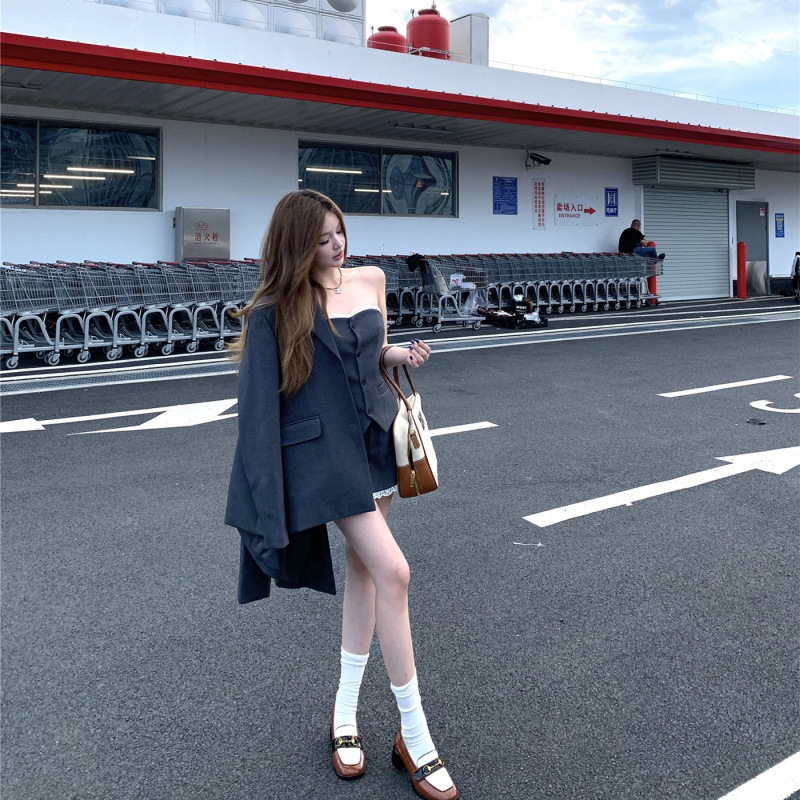 昕可达 '西西里少女'灰色条纹蕾丝边吊带背心裙裤套装|undefined
