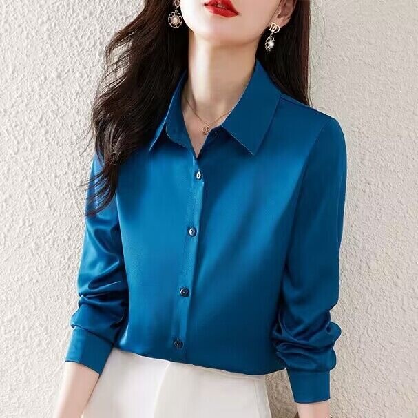 Elegant women's shirt with a solid color design, versatile and stylish, suitable for spring and autumn, available in white, black, mocha, and iron gray Elegant women's shirt with a solid color design, versatile and stylish, suitable for spring and autumn, available in white, black, mocha, and iron gray