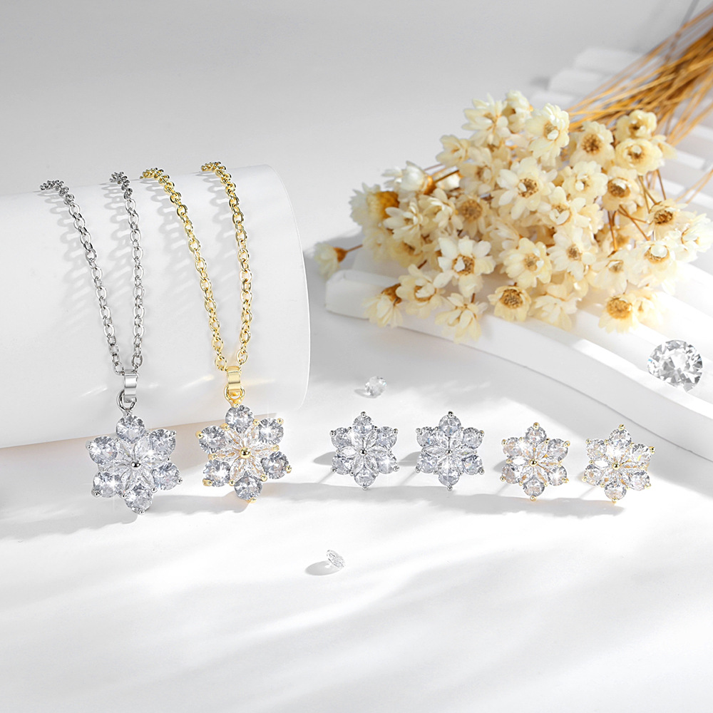 Europa y los Estados Unidos colgante de flores transfronterizas mujeres 14k oro de cobre chapado pendientes de flores de zircon set de joyas image 1