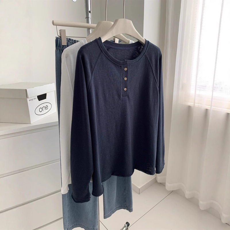 Minimalist Korean-Style Henry Collar Linen-Feel Cotton Long-Sleeve T-Shirt for Women, Relaxed and Slimming Raglan Sleeve Round Neck Base Shirt for Autumn