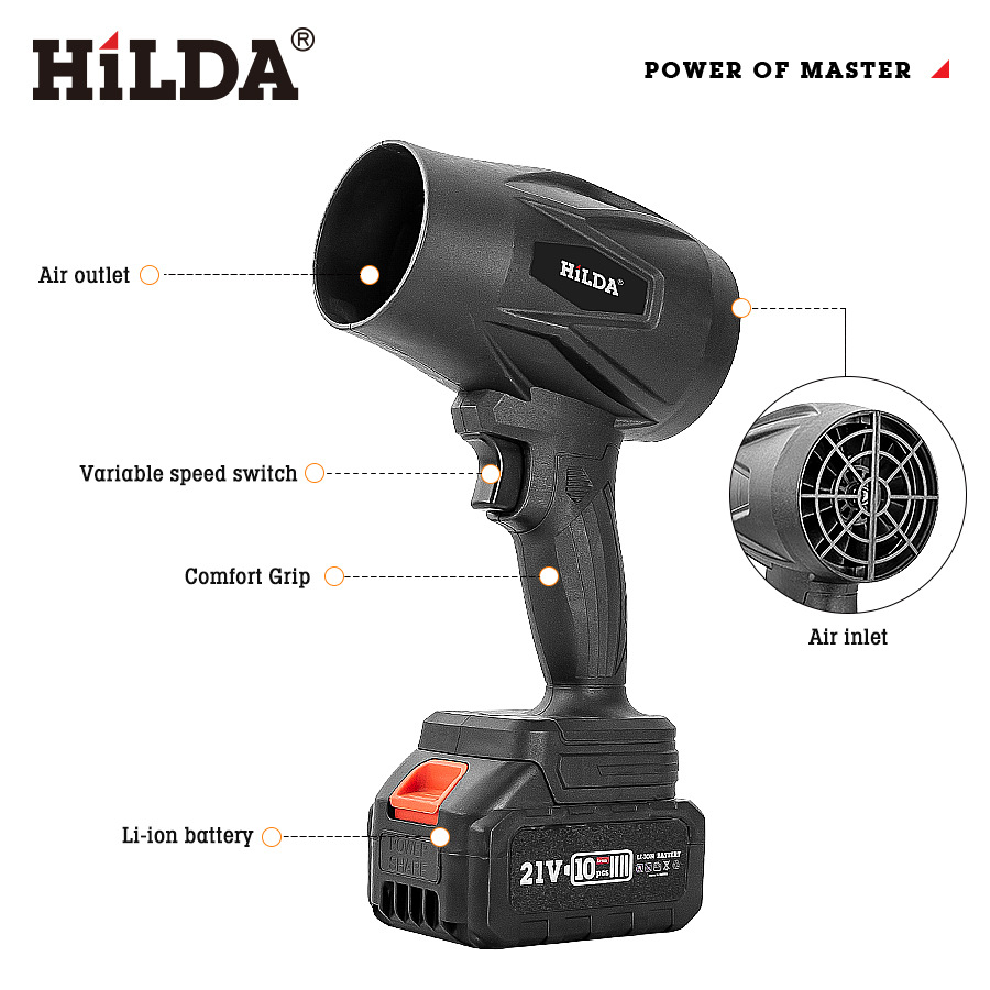 Hilda/HILDA batería de litio máquina de tormenta soplando hojas turbofán de alta potencia nuevo secador de pelo