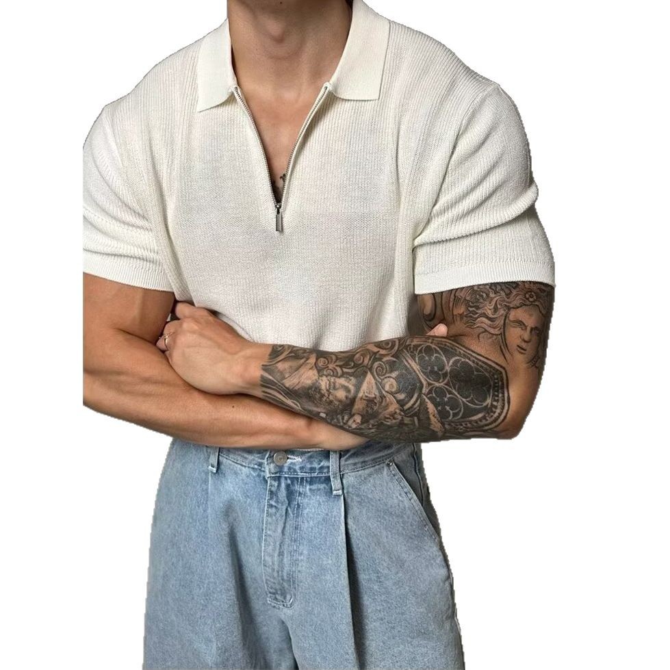 Polo de punto de manga corta para hombre con media cremallera, cuello tipo solapa, corte ajustado, camiseta de negocios, polo de media cremallera al por mayor para hombre