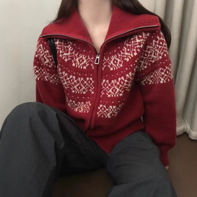 费尔岛提花拉链针织女开衫2025韩版秋冬新款短款毛衣圣诞复古外套|undefined