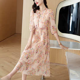 专柜真丝连衣裙女2025夏季新款气质优雅中年妈妈收腰显瘦A字裙潮