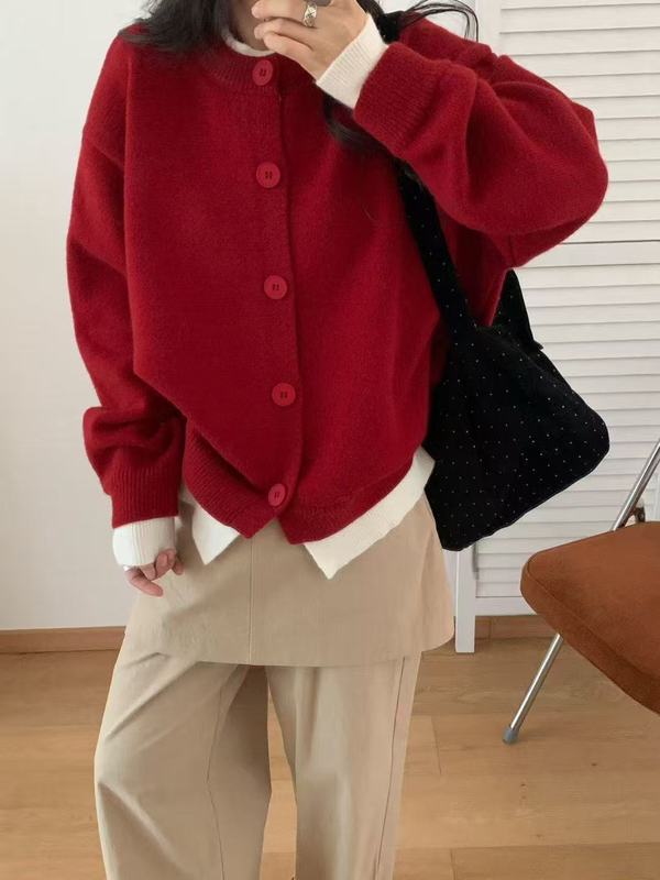 灰色假两件针织开衫女秋冬韩系慵懒风软糯毛衣外套设计感气质上衣|undefined