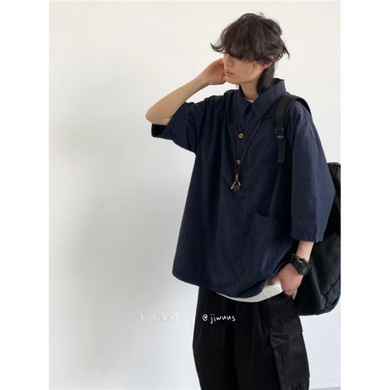 Japanese Style Retro cityboyPOLO Shirt Men's Summer Hong Kong Style Ins Loose Casual All-match Lapel Short-sleeved Shirt