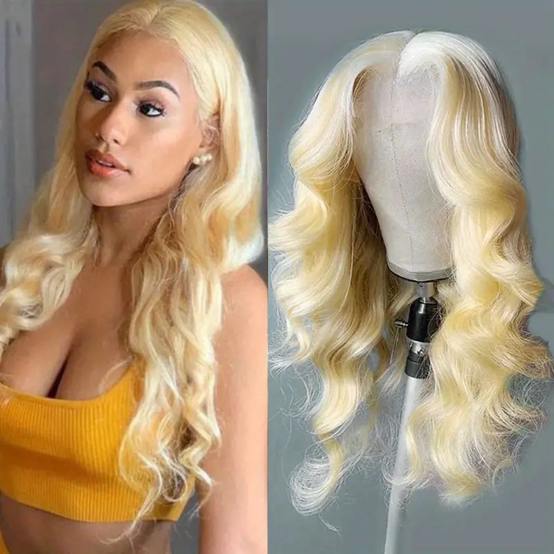 Damen Kunsthaarperücke Front Lace Hellgold Große Wellen Locken_voghion.com