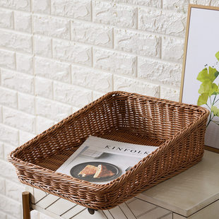 Imitation rattan desktop storage basket for books, newspapers and magazines, milk tea shop, supermarket trapezoidal display basket, bread basket with slanted mouth