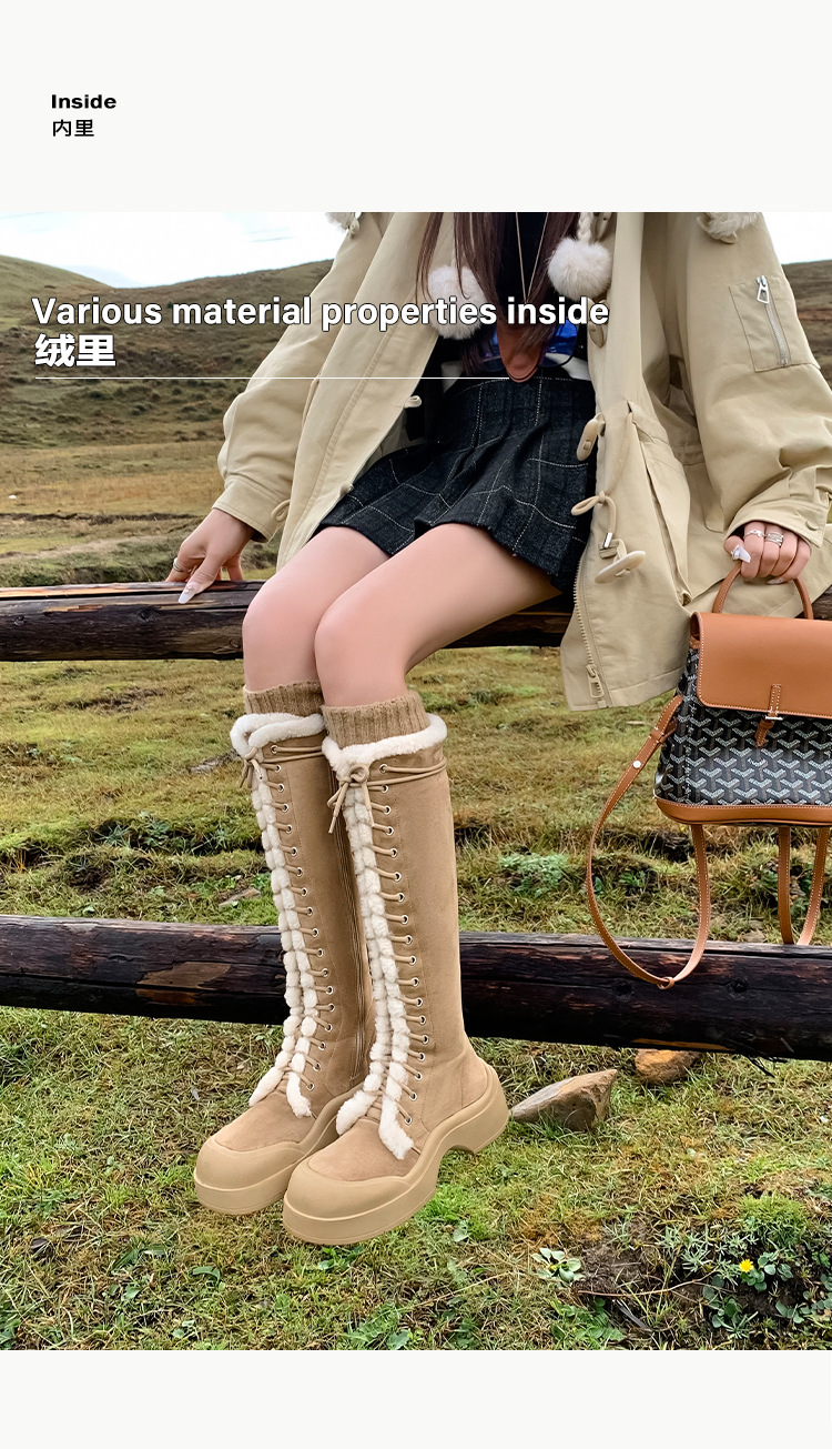 Boot nữ cổ cao lông dày ấm áp, dây buộc phong cách hiệp sĩ, đế chống trượt mùa đông — màu nâu chi tiết 7